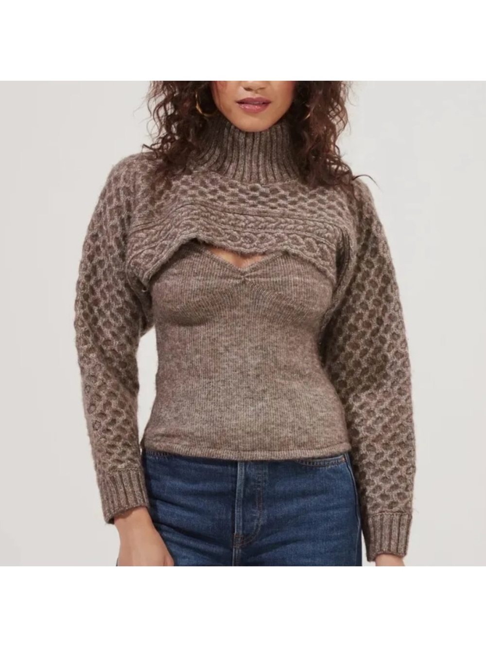Brown Chunky Cable Knit Bolero Sweater Set